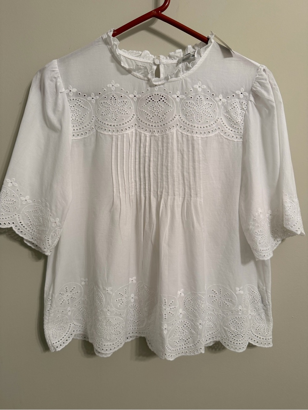 Madewell Women's Embroidered Pintuck
High Neck Top White Cotton Size S